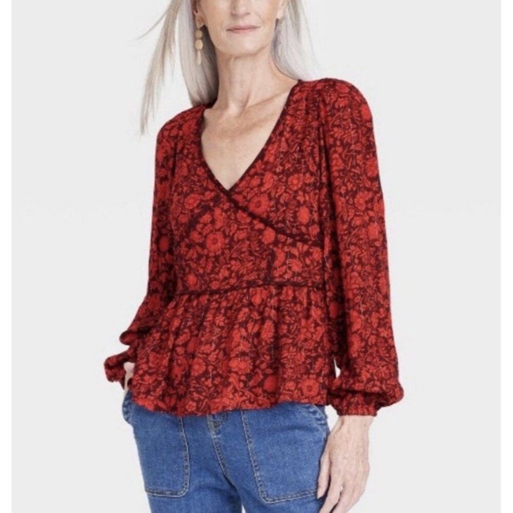 Knox Rose Women's Long Sleeve Embroidered Blouse Red Floral Medium